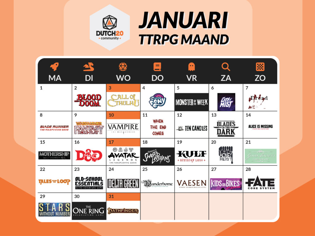 Kalender voor januari 2024 met iedere dag het logo van een TTRPG-systeem.