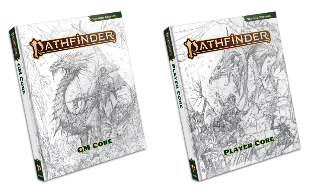 Sketch covers van de Pathfinder Second Edition Remaster Player Core en Game Master Core