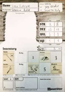 Mausritter karaktersheet, ingevuld met de tabellen uit het boek